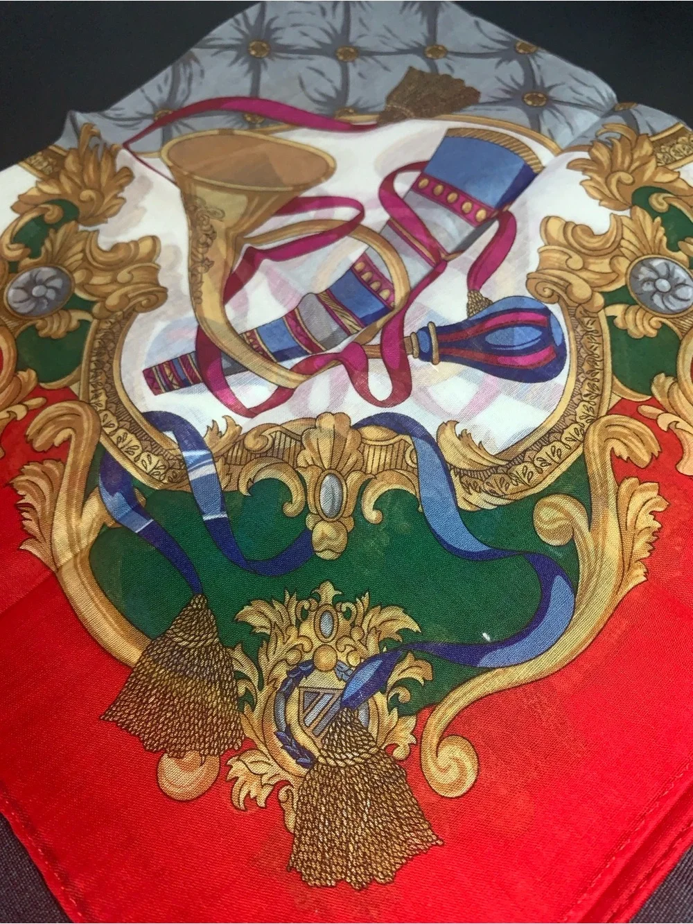 Celine Red Mini Scarf with Gold & Green Baroque Motif